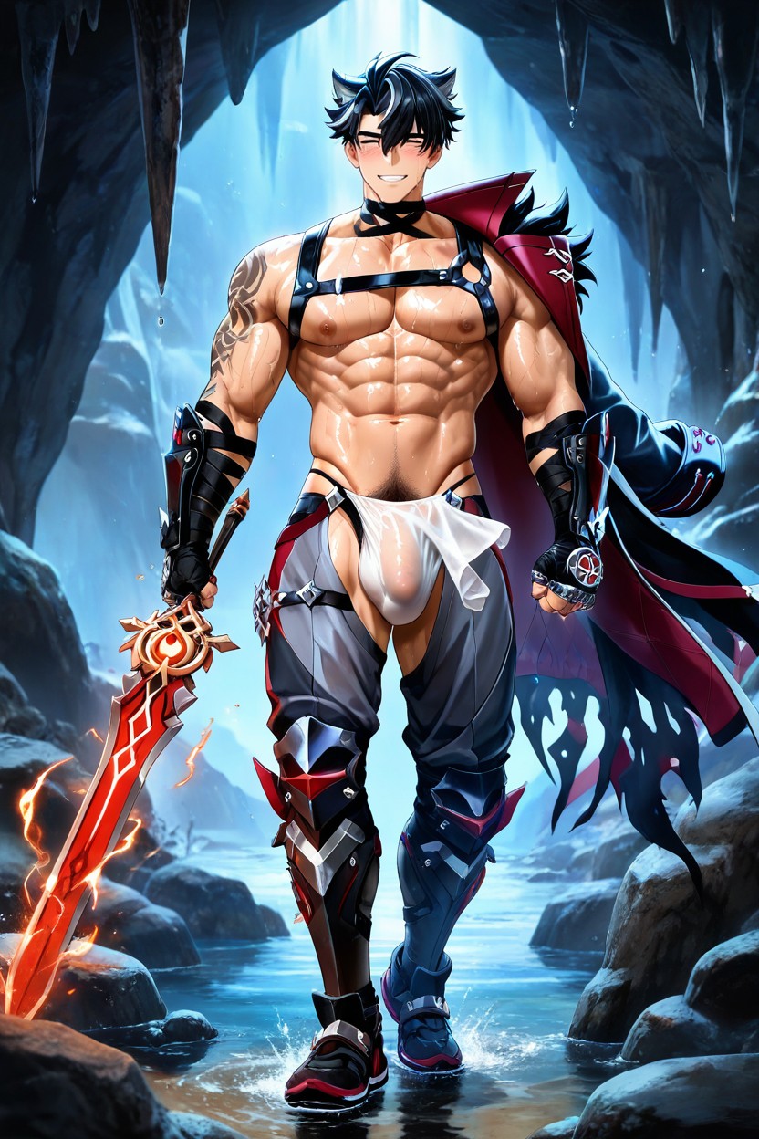 Handsome Korean Idol Face, Hyper-muscular Ripped Physique, Pubic Hair AI Gay Porn
