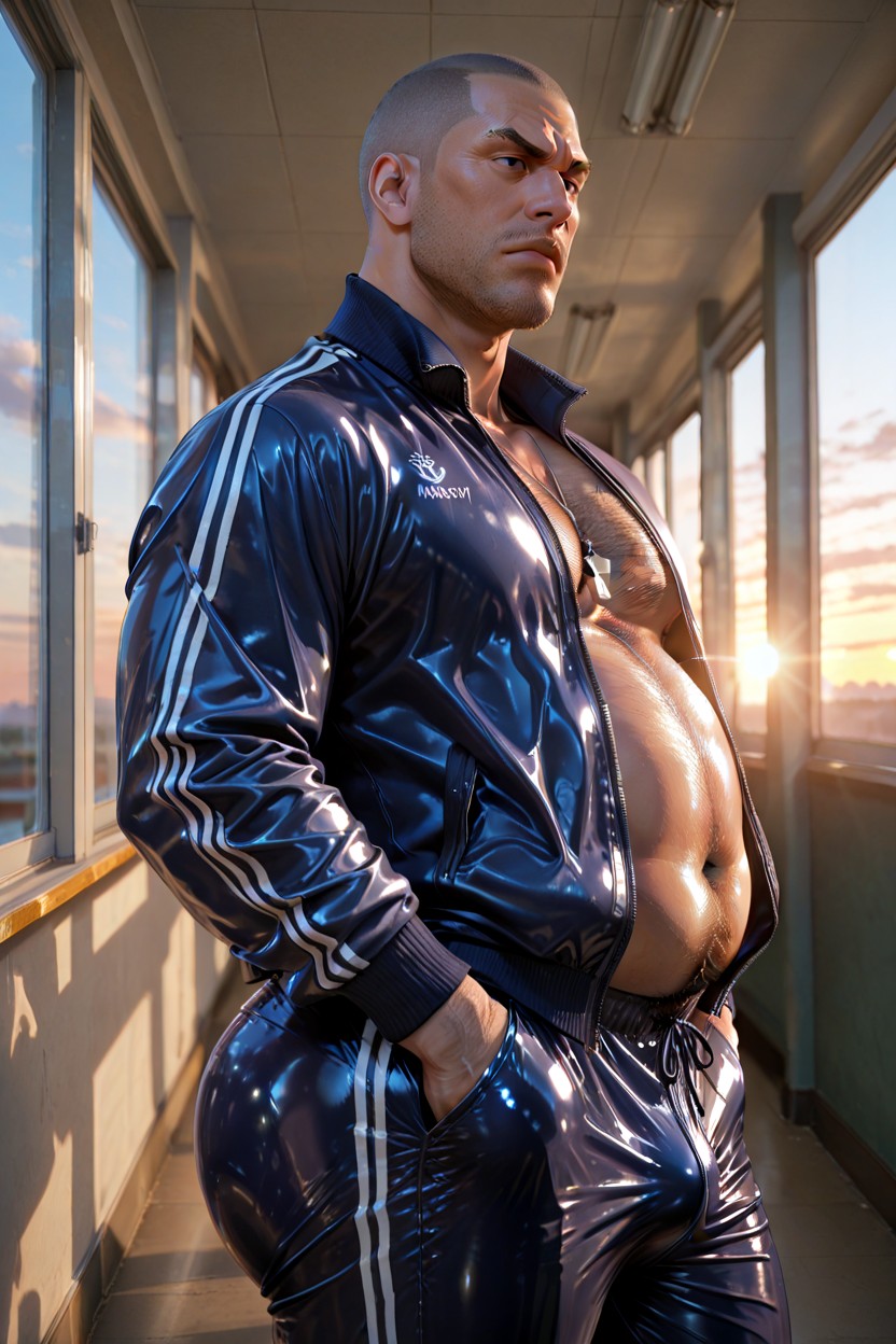 Light Stubble, College Corridor, Wearing A Navy Blue Latex Tracksuit AI Gay Porn