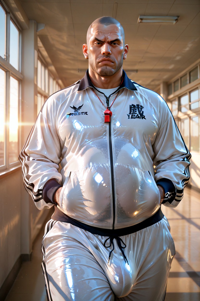 Fleeting Moment, Wearing A Transparent Vinyl Tracksuit, Intense Hostile Eyes AI Gay Porn