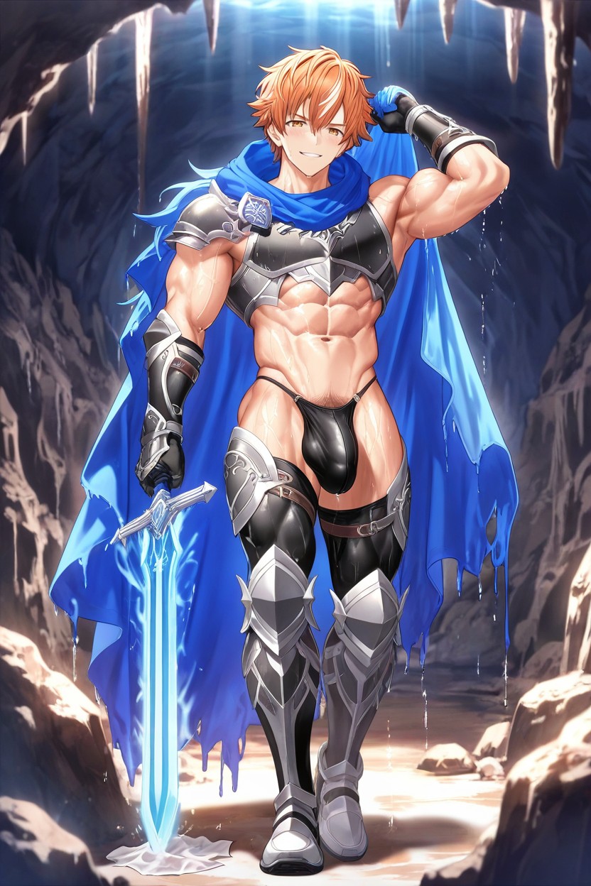 Athletic Tanned Skin, Dynamic Pose, Indigo Flowing Cloak AI Gay Porn