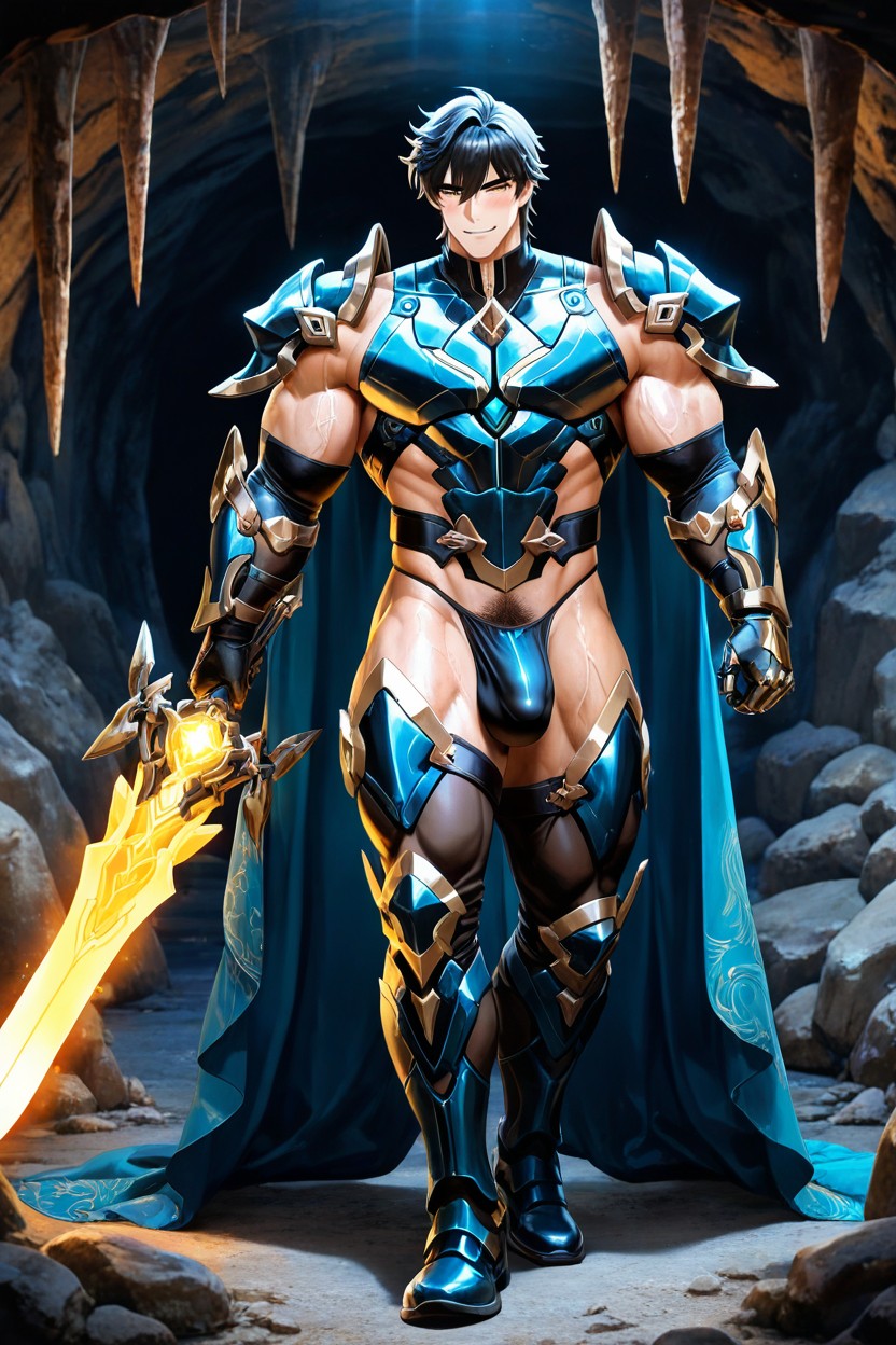 Messy Yellow Bangs Hairstyle, Wearing An Ornate Metal Bikini Armor, Smiling Mouth Open AI Gay Porn