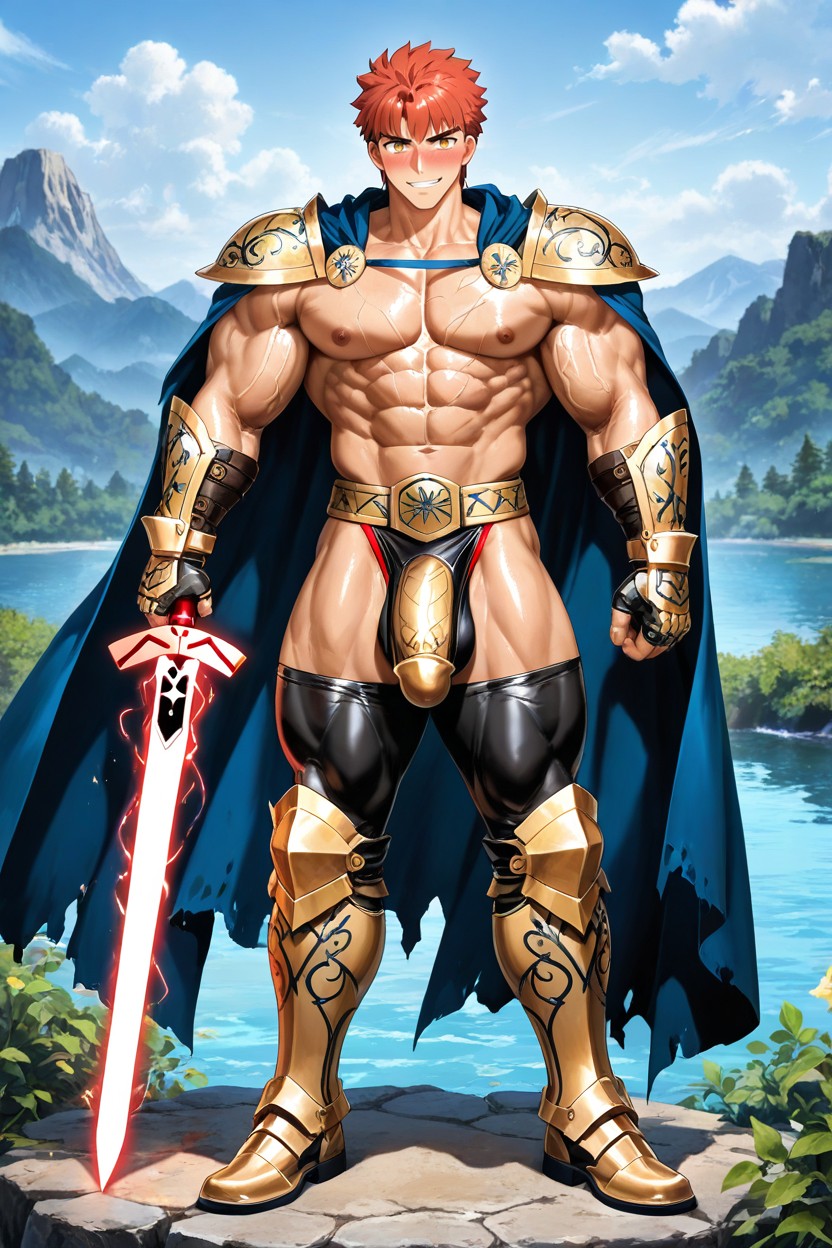 Exposed Red Thong, Moody Fantasy Background, Detailed Knight Leggings AI Gay Porn