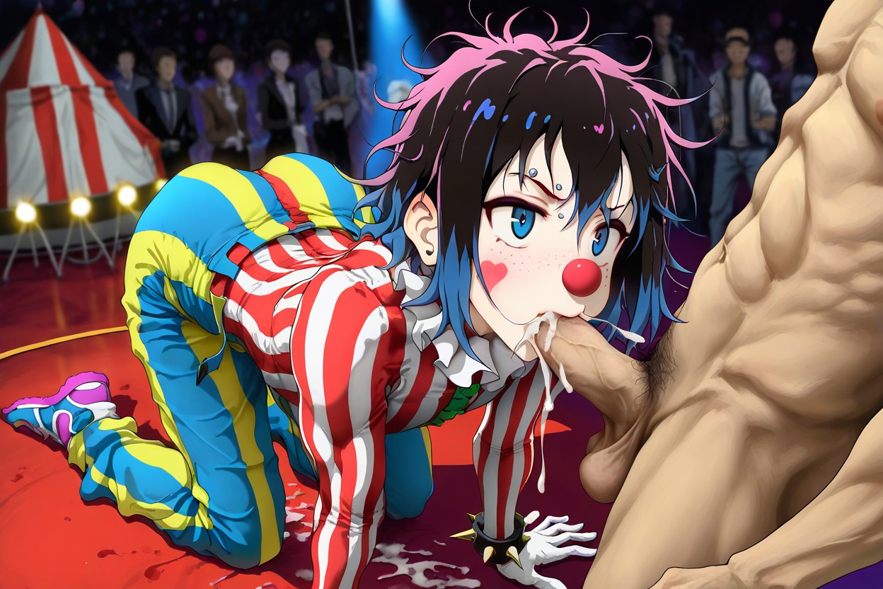 Wearing Pink Clown Nose, Hdr, Bent Over Sucking Own Cock AI Gay Porn