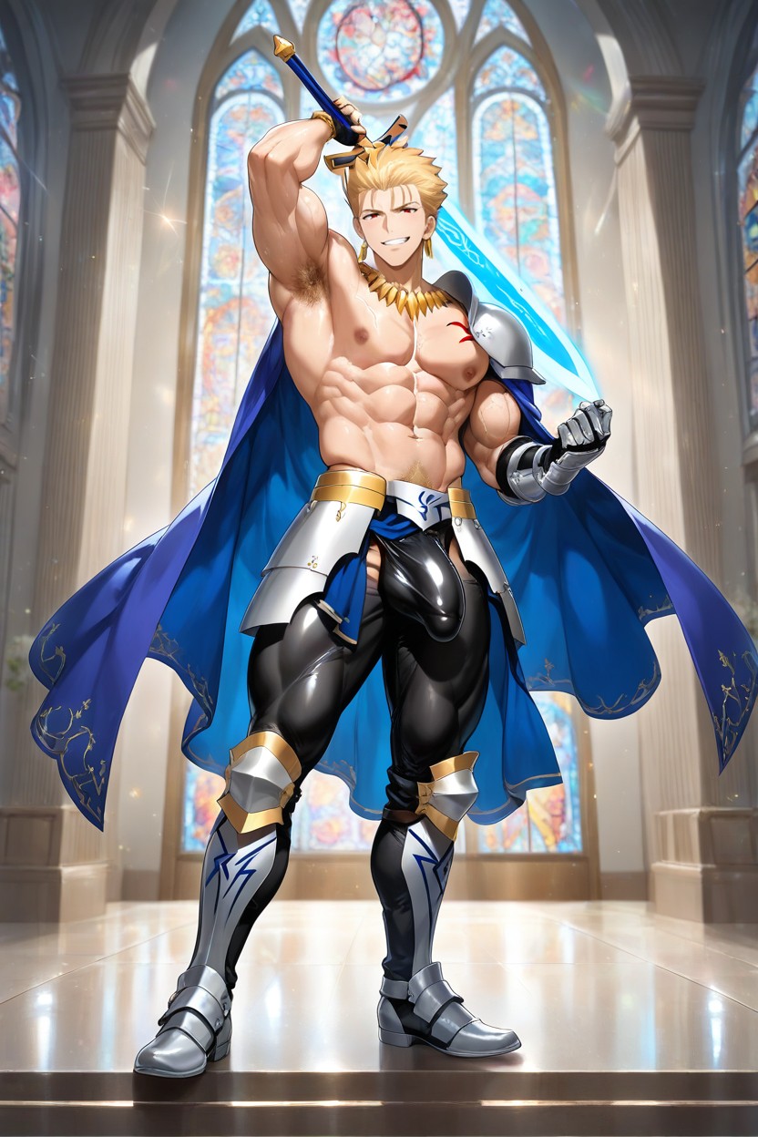 Dynamic Pose, Male Only, A High-fantasy Korean Manhwa Style Illustration Of A Legendary Knight AI Gay Porn