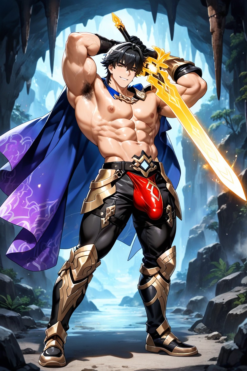 Holding A Glowing Magical Sword, Large Penis Bulge, Ultra-detailed AI Gay Porn