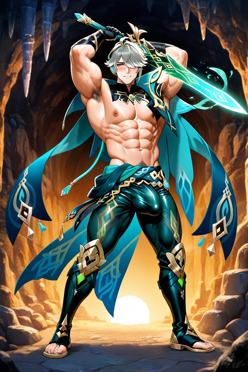 Pubic Hair, Hyper-muscular Ripped Physique, Holding A Glowing Magical Sword Porno gay IA