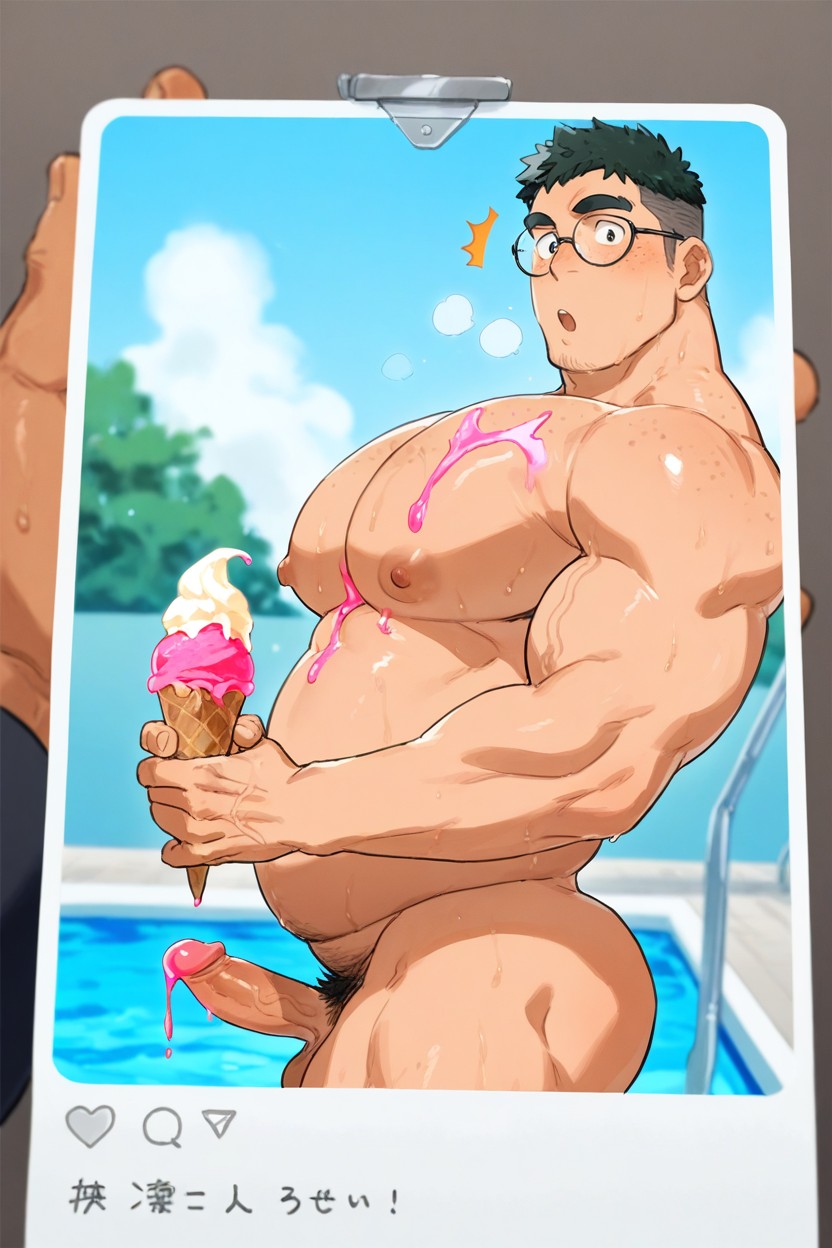 Depth Of Field, Outdoors, Pink Ice Cream Dripping On Pecs Only Porno IA Gay