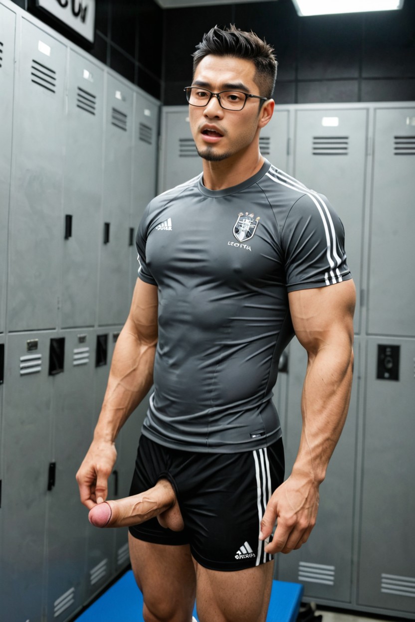 Huge Oversized Pecs, 眼鏡, Wearing Gray Soccer Pant ゲイAIポルノ