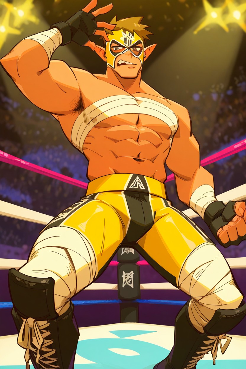 Dark Markings Around The Eyes, Knee-high Wrestling Boots That Anchor His Wide, 18+ ゲイAIポルノ