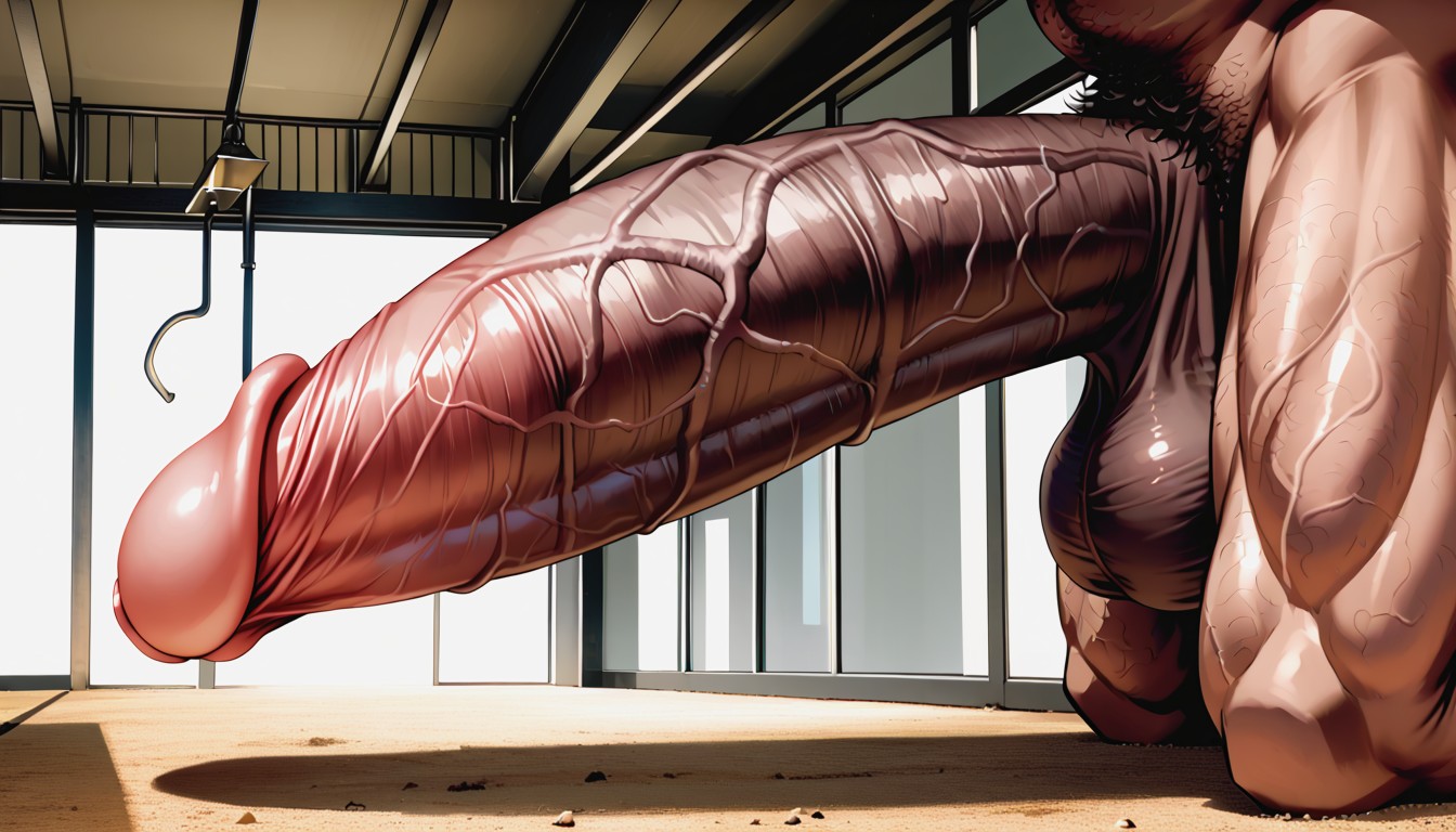 Side View Gigantic Hyper Cock Hanging To The Floor, Flaccid, Cock Laying On The Ground KI Schwulenporno
