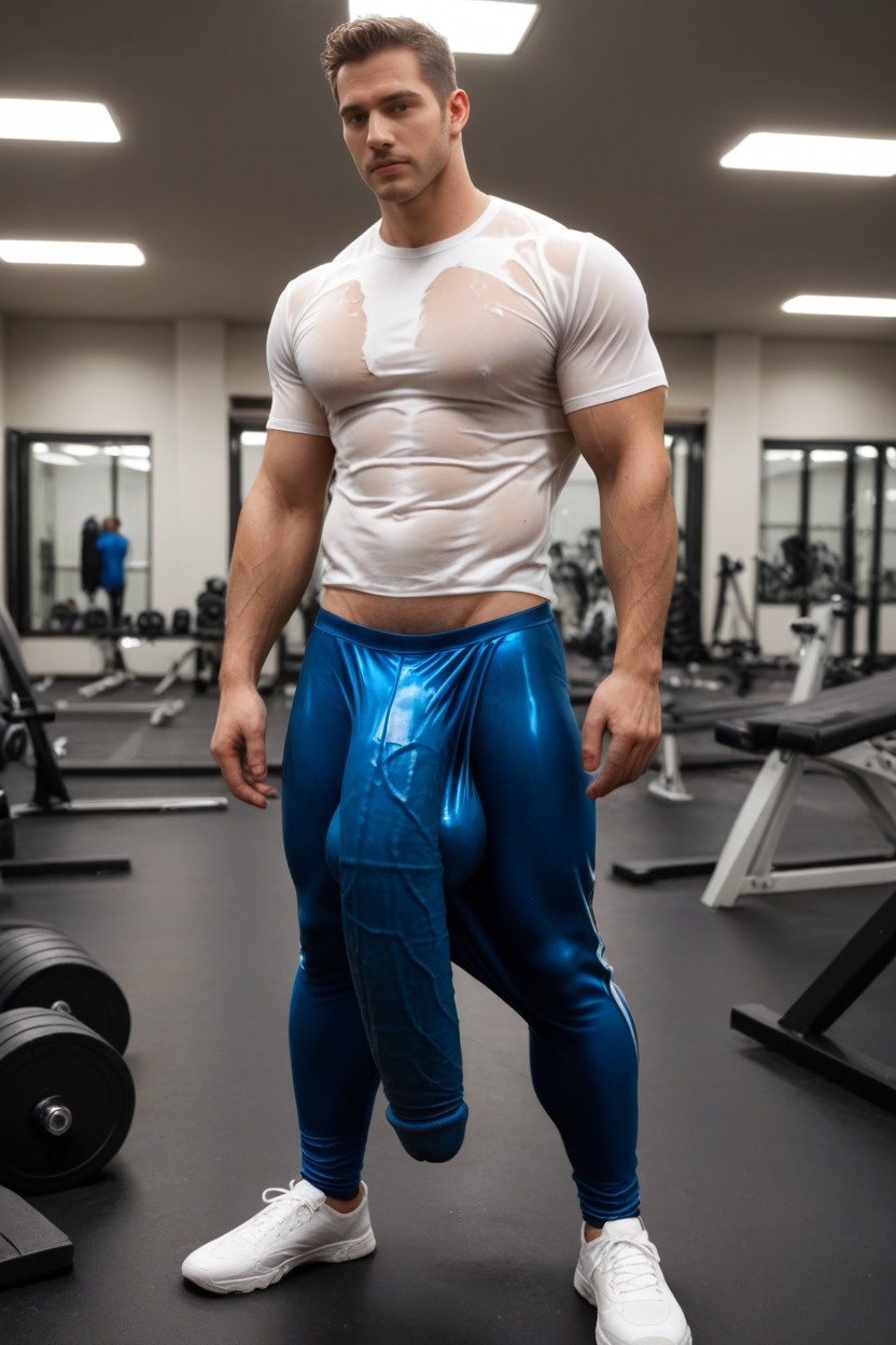 汗だく, Tanned Skin, Form Fitting Tight Bright Blue Latex Pants ゲイAIポルノ