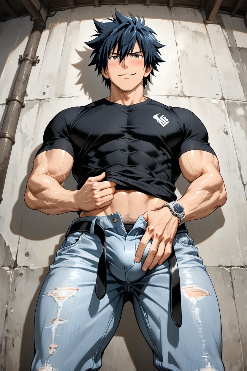 Grey Denim Jeans, Cul Moyen, Soft Silhouette Shadow Porno IA Gay