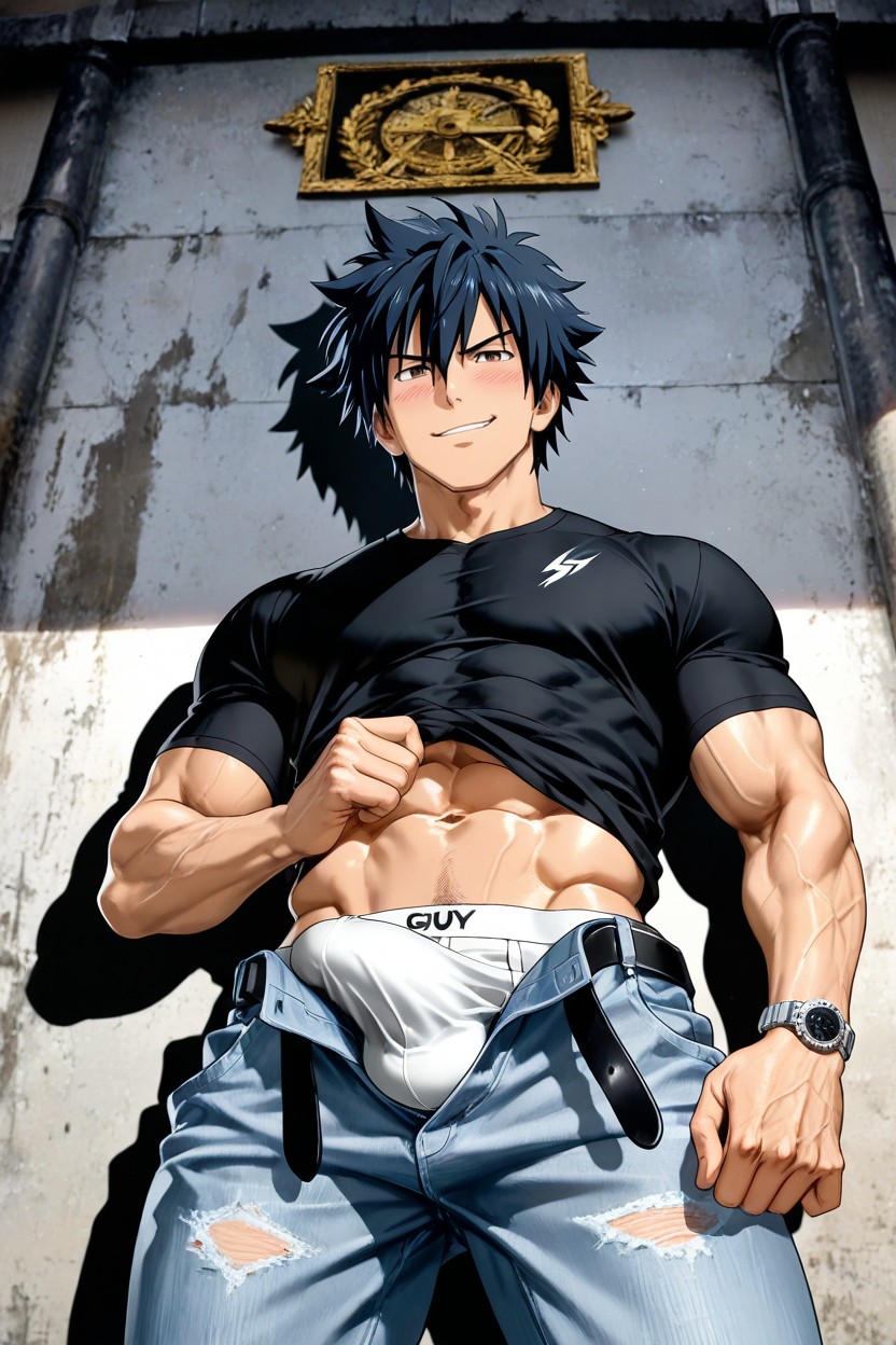 Black Hair, Seductive Smirk, Cul Moyen Porno IA Gay