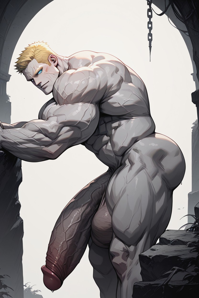 Hyper Massive Huge Round Pecs, ありえないほど長いハイパーペニス, 薄い肌 ゲイAIポルノ