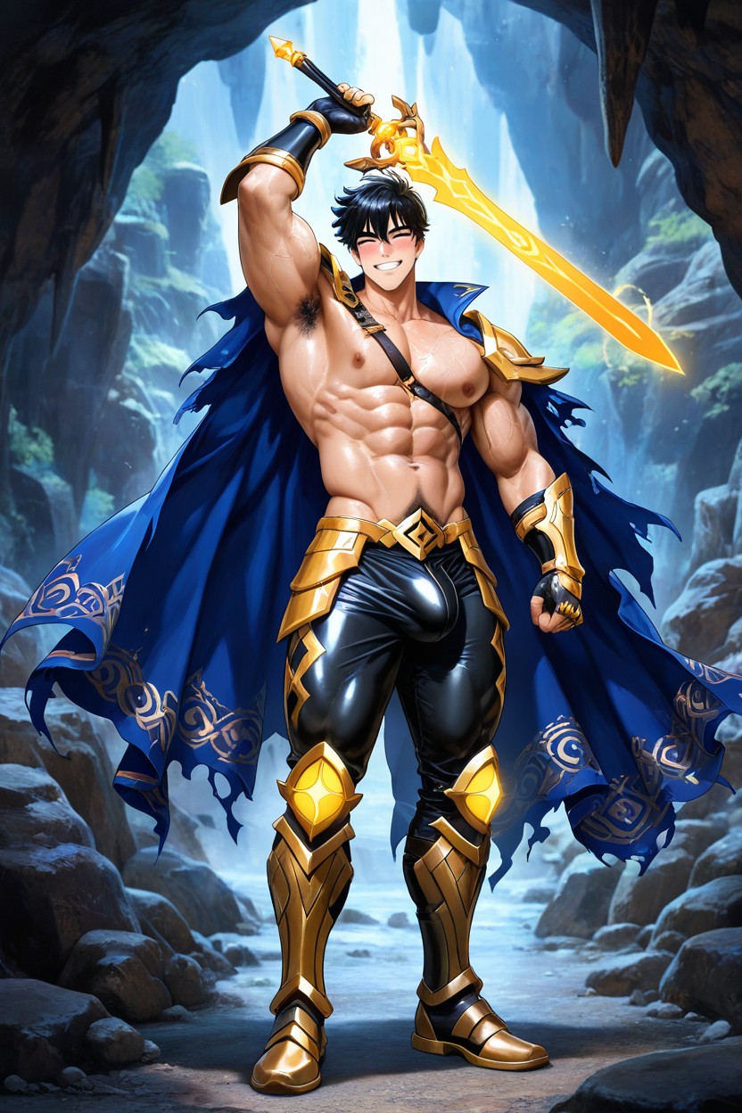 Indigo Flowing Cloak, Athletic Tanned Skin, Perfectly Shaved Porno IA Gay