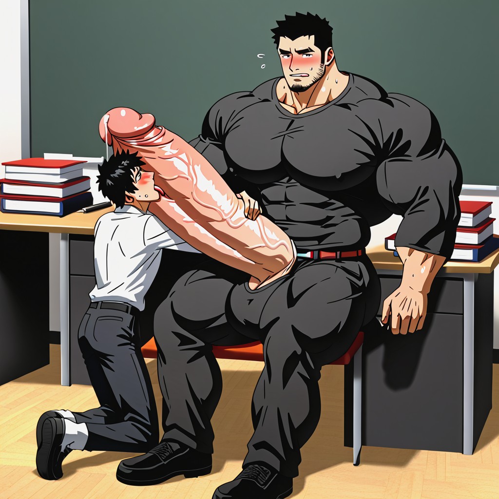 Sweaty, Hyper Muscle Guy Seated In Class, K 게이 AI 포르노