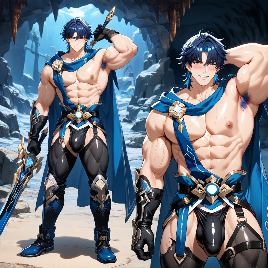 Athletic Tanned Skin, Corps Entier, Leather Gauntlets Porno IA Gay