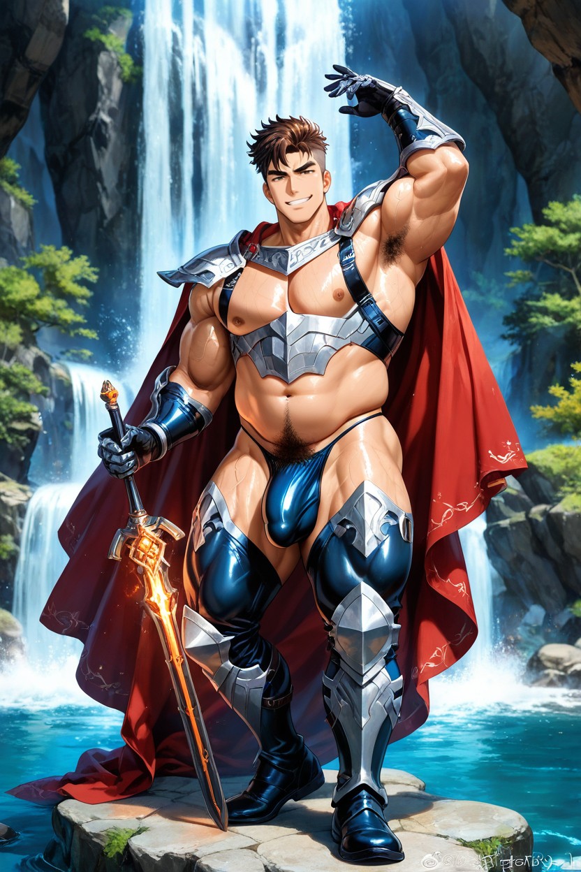 Intricate Armor Plating, Pubic Hair, Exposed Red Translucent Thong AI Gay Porn