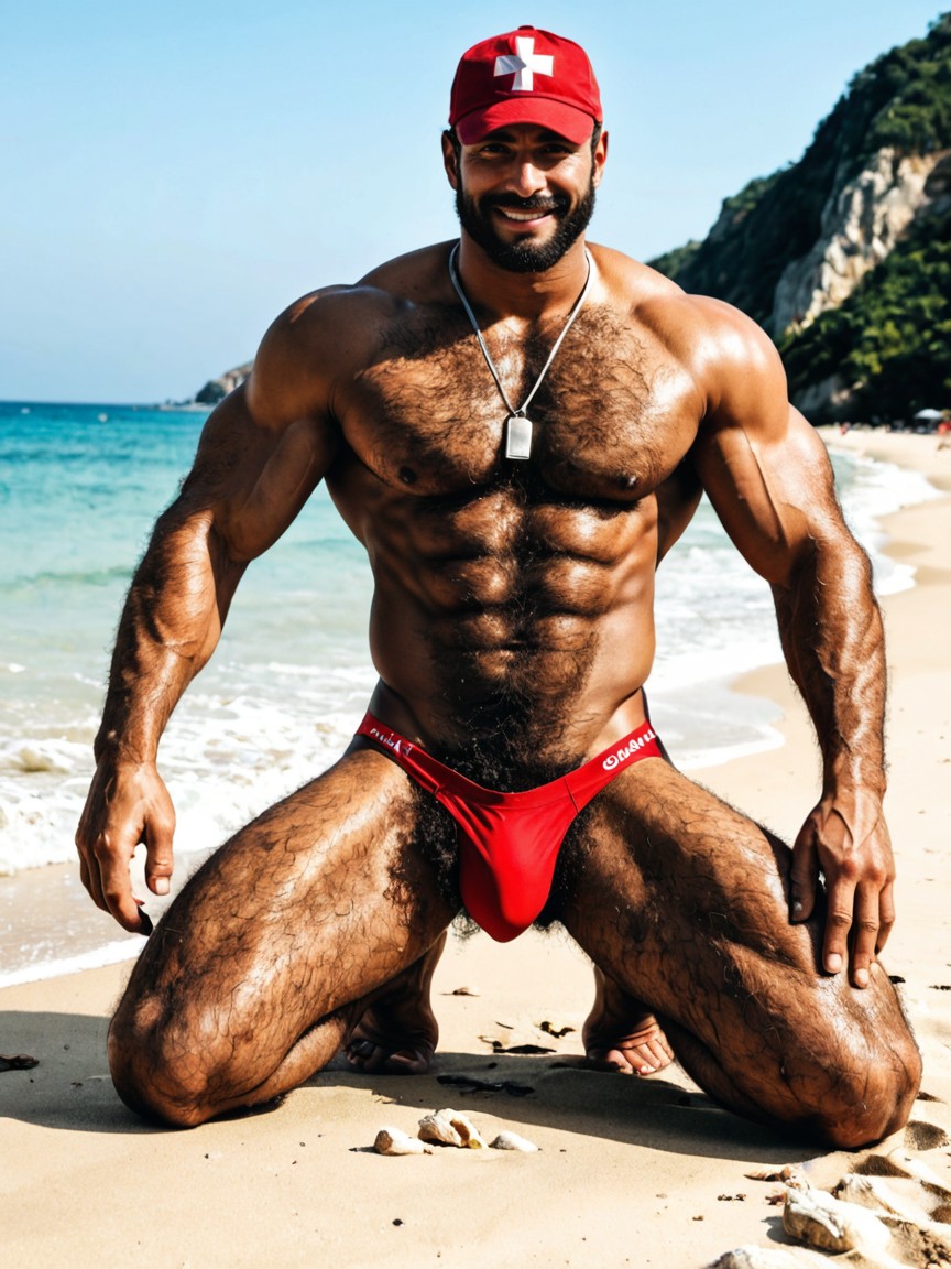 Hairy Thighs, Expressão Presunçosa, Wearing A Red Speedo Pornografia gay com IA