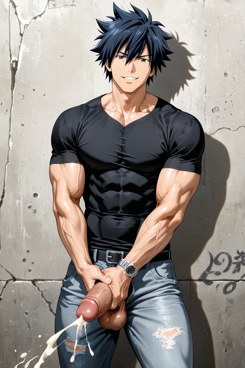 Standing, Brown Eyes, Grey Denim Jeans ゲイAIポルノ