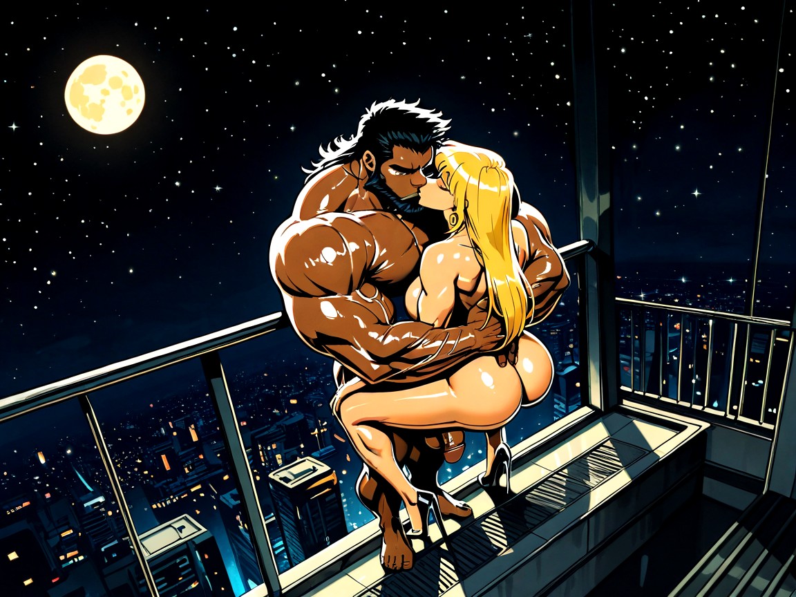Kissing, Starry Night, Big Lats Pornografia gay com IA