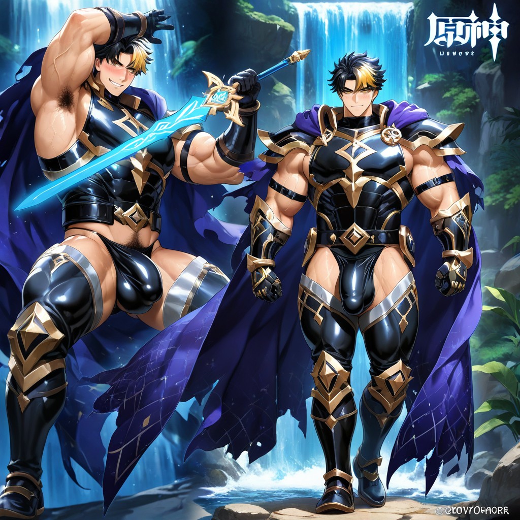 Large Penis Bulge, Detailed Knight Leggings, Cheveux Multicolores Porno IA Gay
