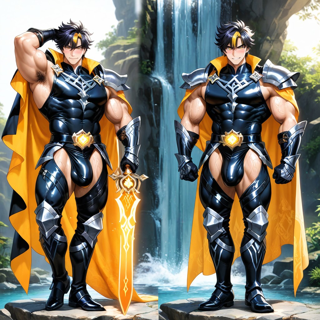 One Arm Up, Wearing An Ornate Metal Bikini Armor, Messy Yellow Bangs Hairstyle Porno IA Gay