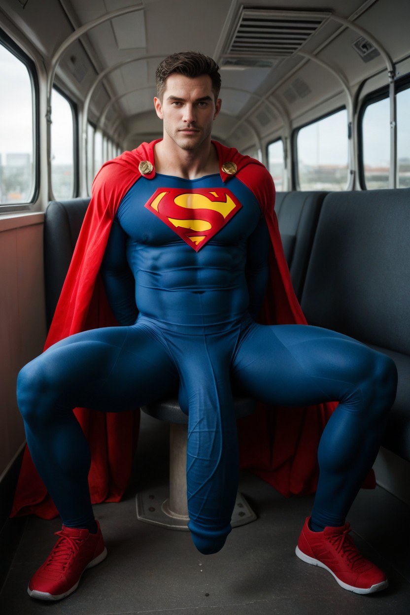 Massive Outline Of Hyper Penis Visible Through Tight Clothing, Fully Covered, Blue And Red Suit ИИ гей порно
