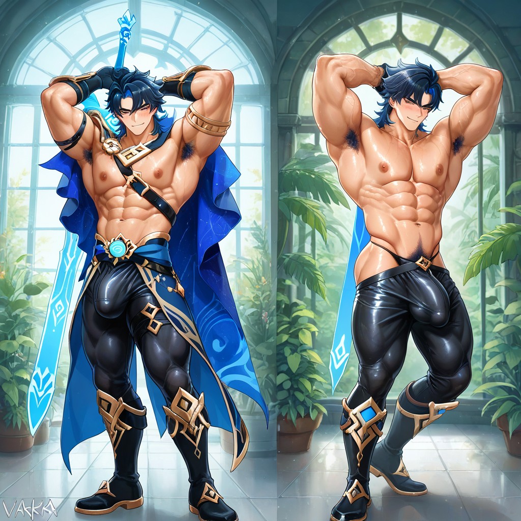 Holding A Glowing Magical Sword, Pubic Hair, Hyper-muscular Ripped Physique Porno IA Gay