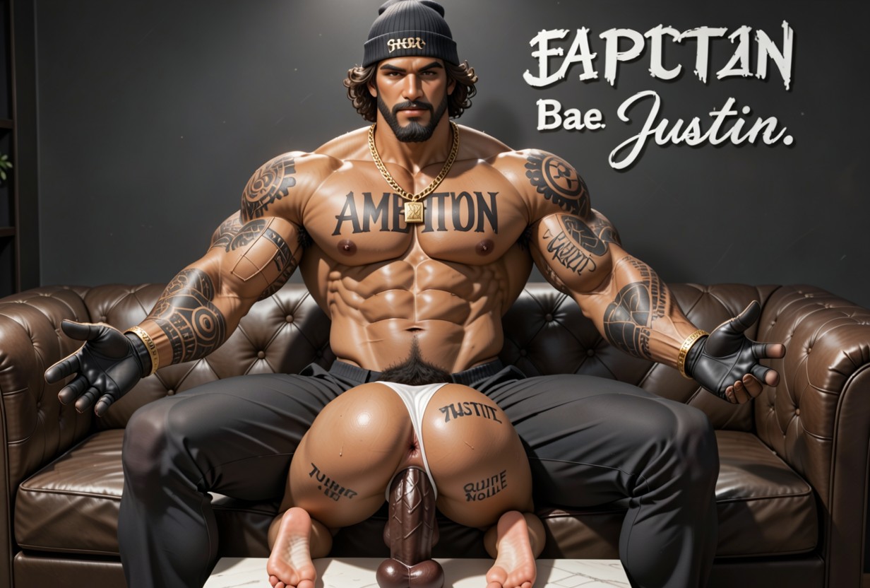 Ambition Tattoo Clearly Visible Across Chest In Script Lettering, Dark Fitted Pants "ambition" Tattoo, Back Showing AI Gay Porn