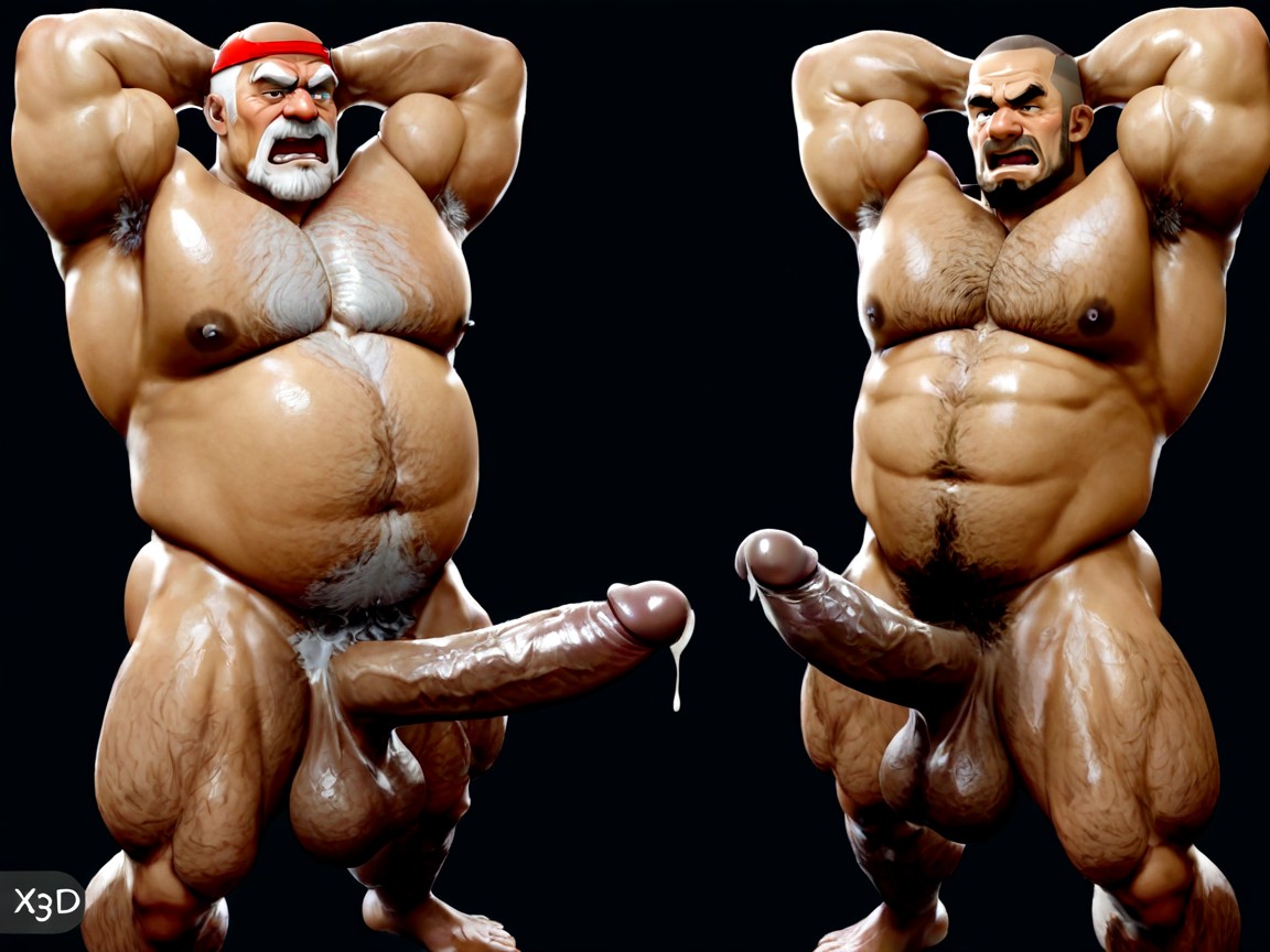 Hyper Gut, Latino, Two Men Posed On Each Side Of Frame AI Gay Porn