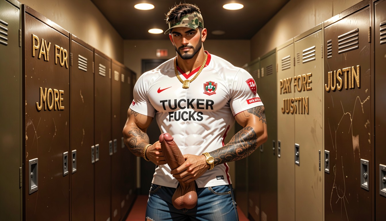 Tattoo, Massive Thick -inch Erect Cock Out Glistening With Precum, Sweat-dampened In Match Photos Professional AI Gay Porn