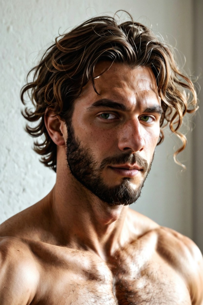 Loose Strands Around Temples And Nape Facial Hair Light Even Stubble Natural Beard Pattern Overall Presence Masculine Natural Understated Athletic Editorial Realism Authentic Believable Adult Contemporary Photogenic, This Is Elias Description, Low Man Bun Porno gay IA