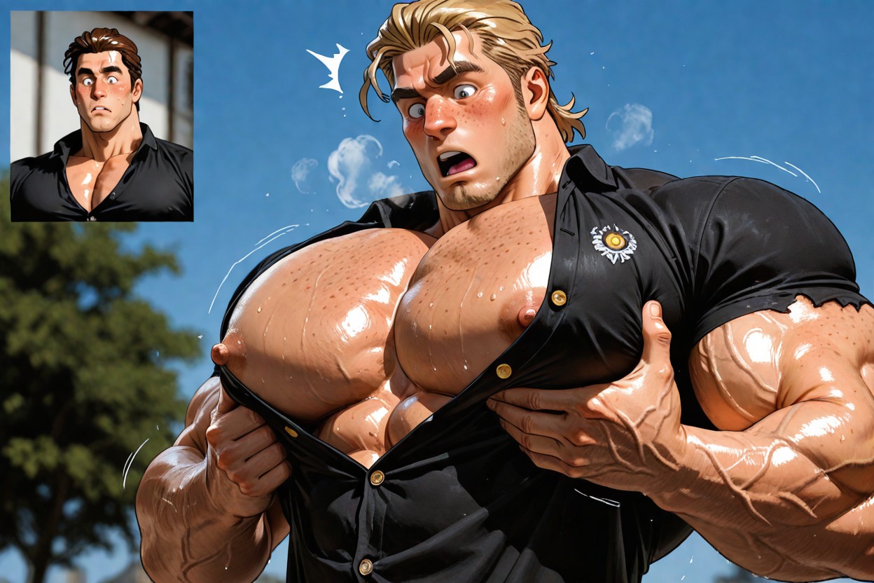 Massaging Pectorals, Ripped Shirt, Male AI Gay Porn