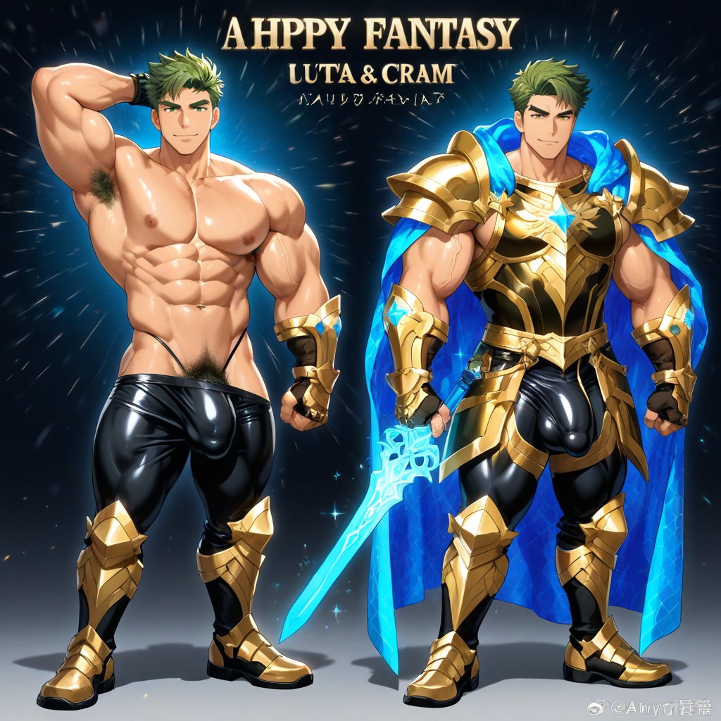 Arms Up, Exposed Black Thong, Holding A Glowing Magical Sword AI Gay Porn
