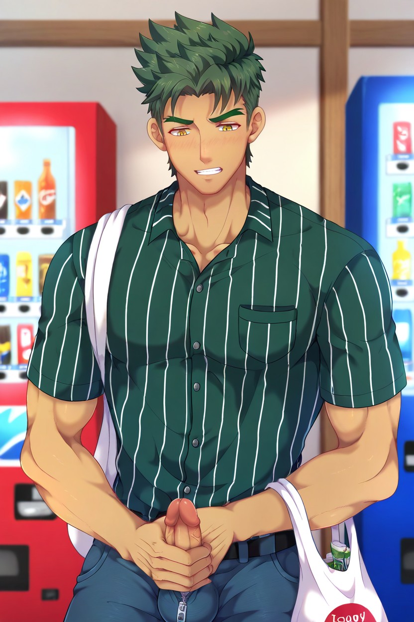 Against Vending Machine, Eco Tote Bag In Hand, In Heat AI Gay Porn