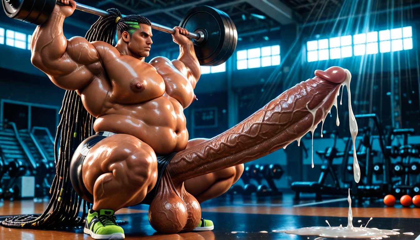 Penis Sticking Out Of Leg Opening, Sporty Shorts, Gigantic Oversized Heavy Sagging Balls AI Gay Porn