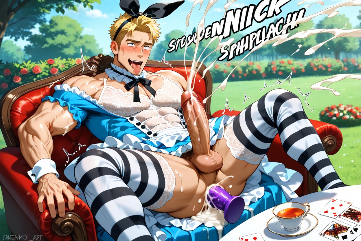 Black And White Striped Thigh High Socks, Manly, Cum On Table AI Gay Porn