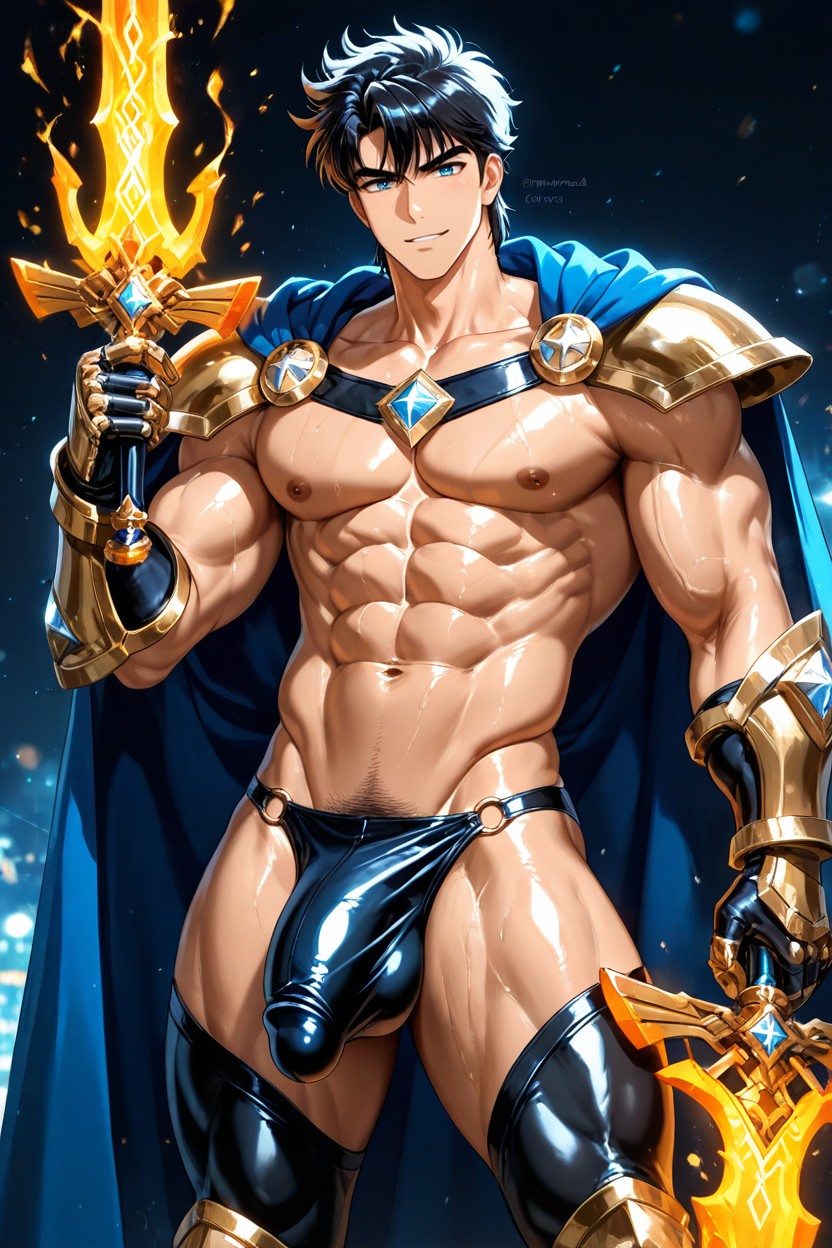 Blue Eyes, Confident Face, Wearing An Ornate Metal Bikini Armor AI Gay Porn