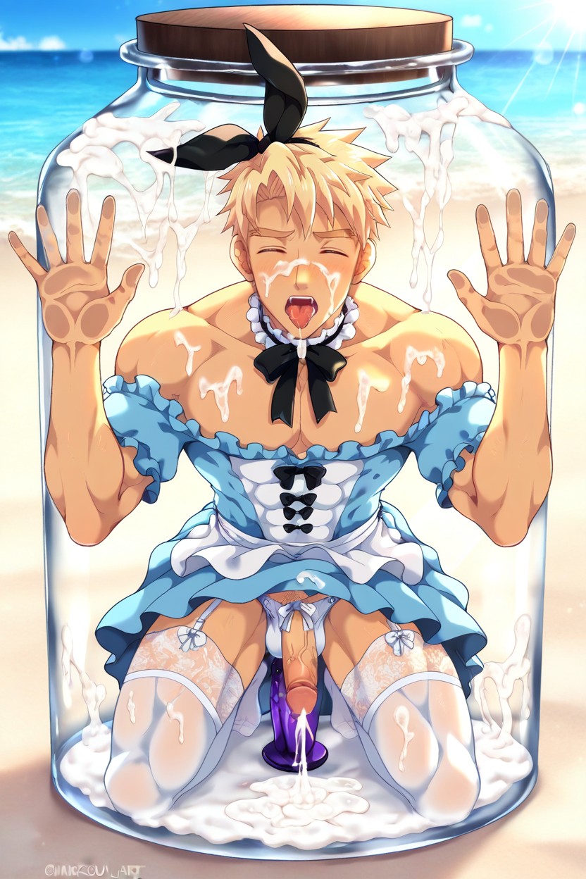 White Thigh High Stockings, Solo Man, Kneeling Inside The Jar AI Gay Porn