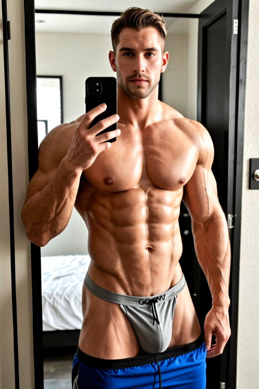 Likely Via A Mirror Reflection The Subject Is Centered, Oversized Muscles, Hulking Physique AI Gay Porn
