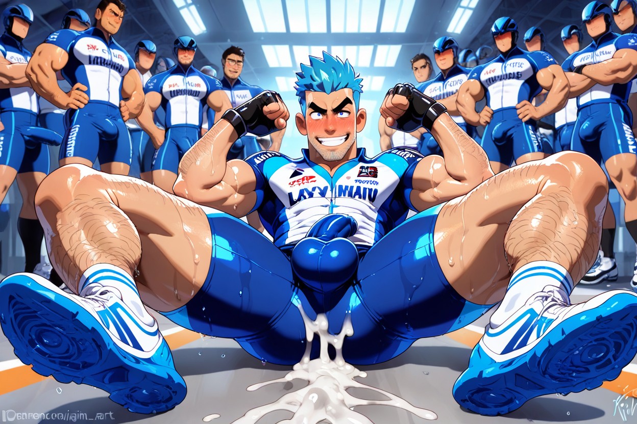 Hard-on Inside Pants, Massive Cum, Cycling Helmet AI Gay Porn