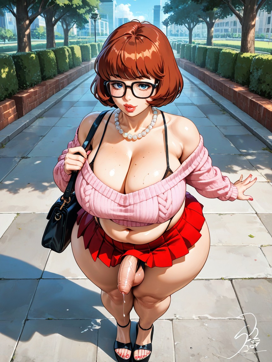 Glasses, Visible Pleated Red Tutu, White Platform Wedge Sandals AI Gay Porn