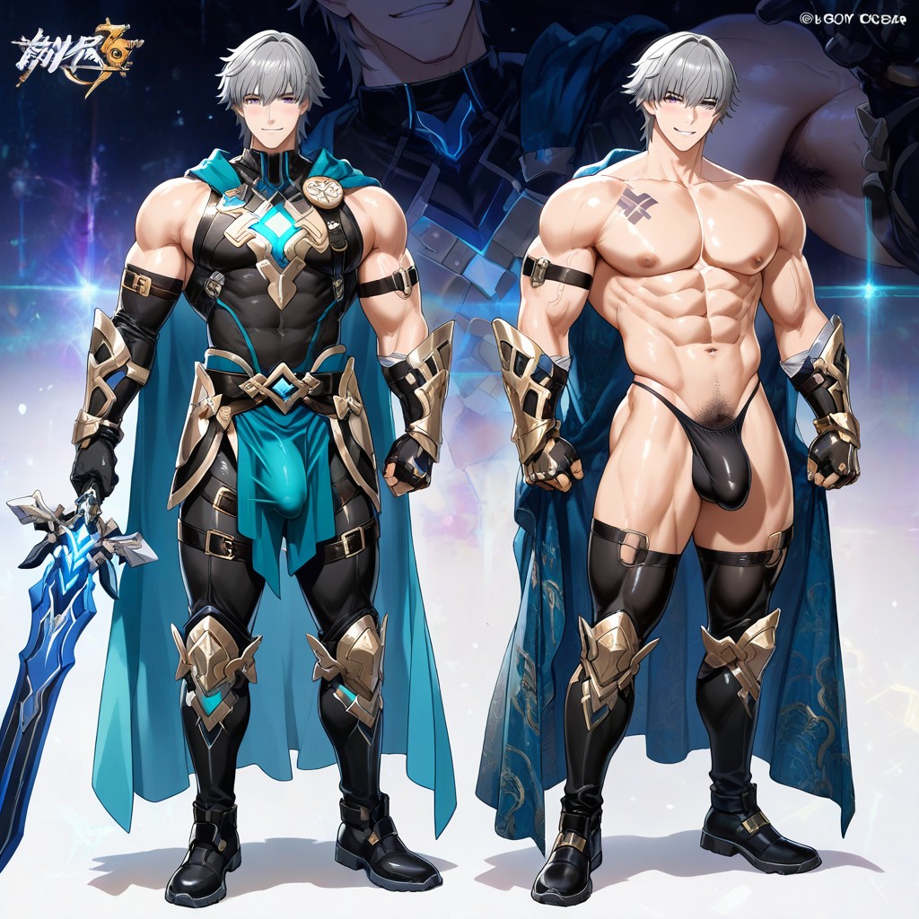 Detailed Knight Leggings, Hyper-muscular Ripped Physique, Pubic Hair AI Gay Porn