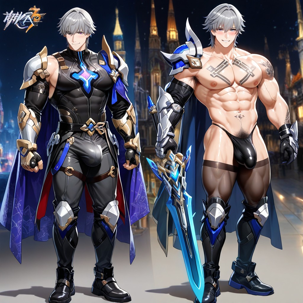 Indigo Flowing Cloak, A High-fantasy Korean Manhwa Style Illustration Of A Legendary Knight, Cinematic Lighting AI Gay Porn