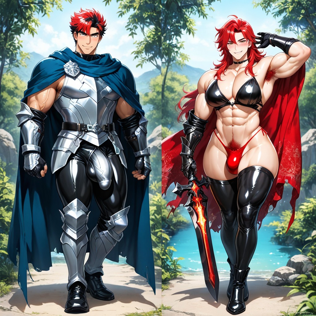 A High-fantasy Korean Manhwa Style Illustration Of A Legendary Knight, Lake, Mischievous (smiling While Blushing) AI Gay Porn