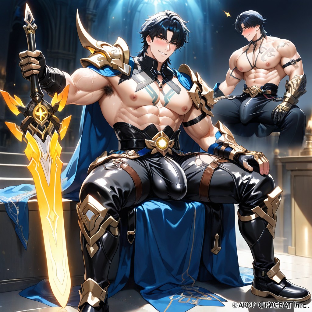One Arm Up, A High-fantasy Korean Manhwa Style Illustration Of A Legendary Knight, Detailed Fabric Texture AI Gay Porn