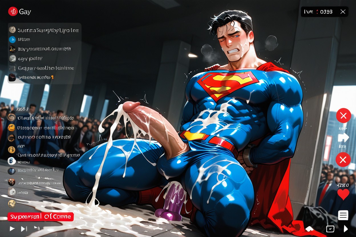 Exposed Cock, Superman Blue Suit Very Ripped, Hands Cuffed Behind Back AI Gay Porn