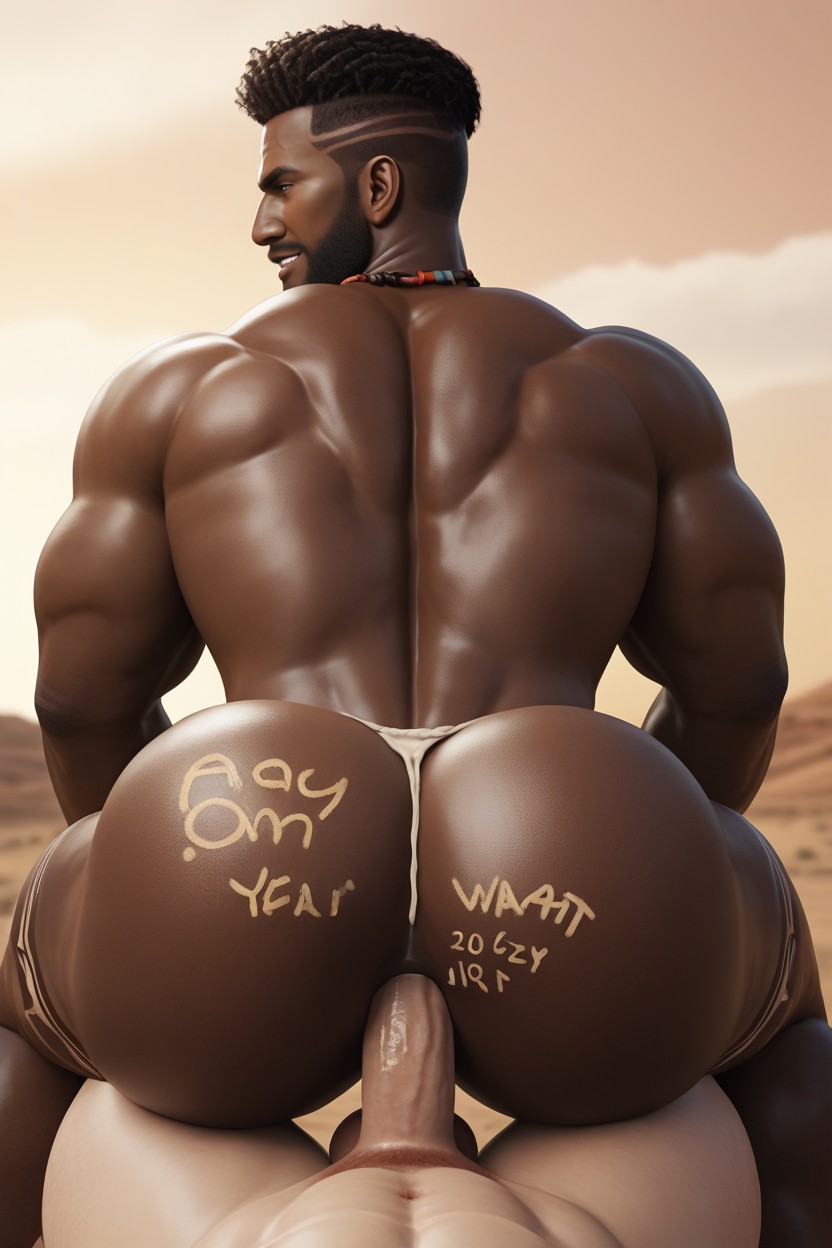 Extremely Large Ass, Smug Expression, African Bottom Is Executing The White Man By Pleasuring His Dick With His Anus AI Gay Porn