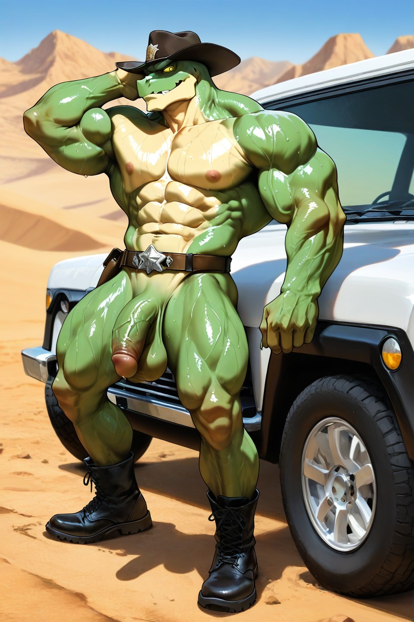 Perfectly Masculine Muscular Figure, Side View, In A Deserted Valley AI Gay Porn